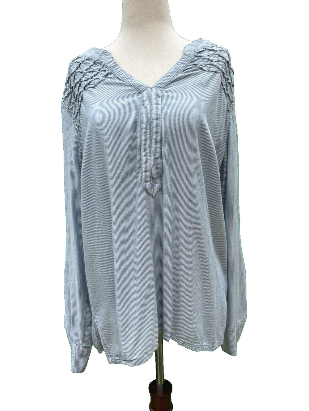 Bandolino Women Long Sleeves V-Neck Beaded Tunic Blue White Striped Blouse Sz M